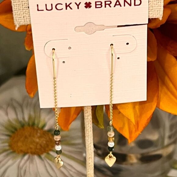 NWT Lucky Brand Gold Linear Heart Drop Earrings 2 /12” #LBER2 - Picture 2 of 5